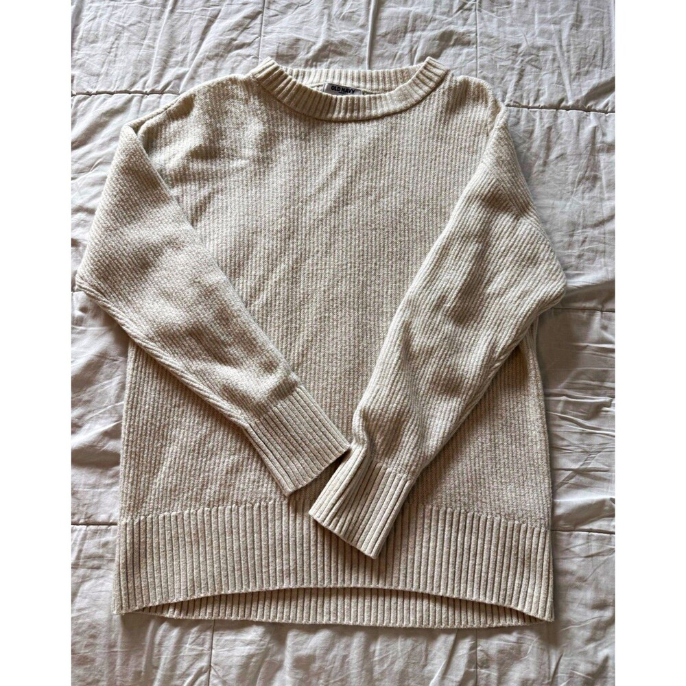 Old Navy Women's Ivory Ribbed Knit Crew Neck Pullover Sweater Long Sleeve M
